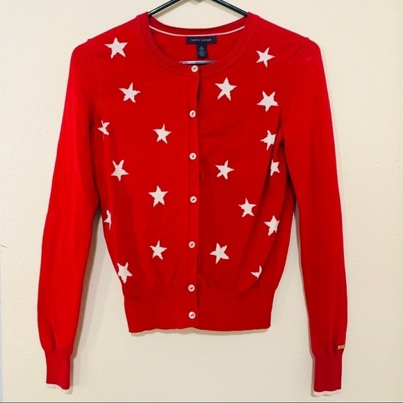 Tommy Hilfiger Cotton button Down Cardigan Red Med Stars size XS holidays - Picture 1 of 8